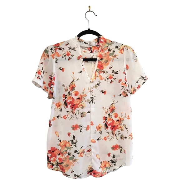 2/$18 Sienna Sky Orange Floral Blouse Loose Mock Neck Short Sleeve Top Shirt S - Picture 2 of 9